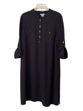 Liz Claiborne Navy Blue Midi Shift Dress with Gold Buttons Size 12